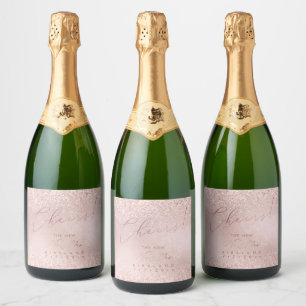 Pink Watercolor Cheers Faux Rose Gold  Glitter Sparkling Wine Label