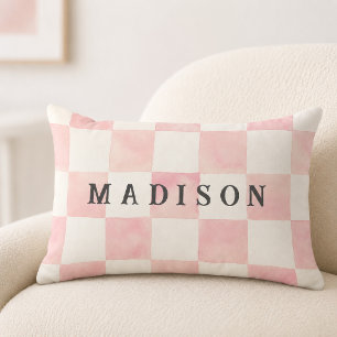 Pink Watercolor Chequerboard Custom Name Lumbar Cushion
