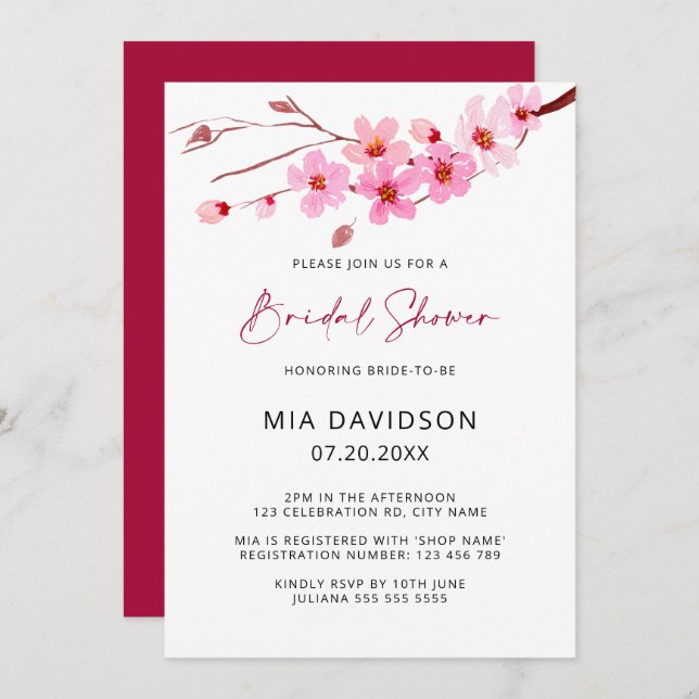 Pink Watercolor Cherry Blossom Bridal Shower Invitation (Front/Back)