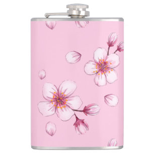 Pink Watercolor Cherry Blossom Pattern Hip Flask