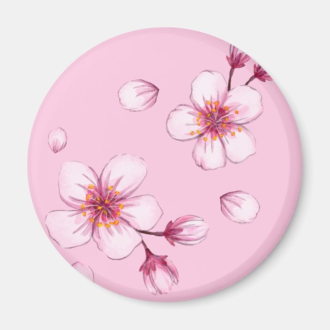Pink Watercolor Cherry Blossom Pattern Magnet (Front)