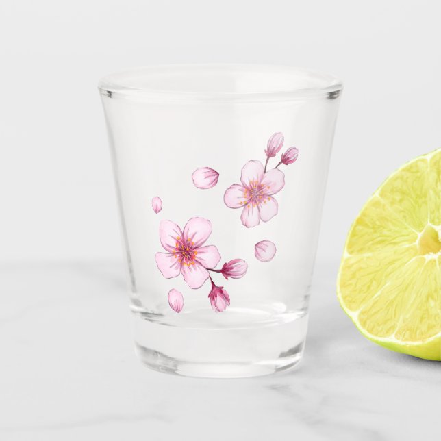 Pink Watercolor Cherry Blossom Pattern Shot Glass (Front)