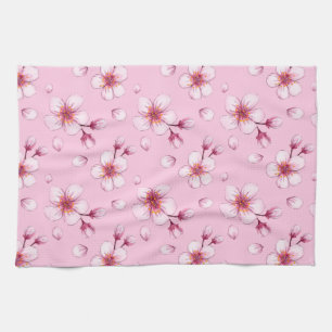 Pink Watercolor Cherry Blossom Pattern Tea Towel