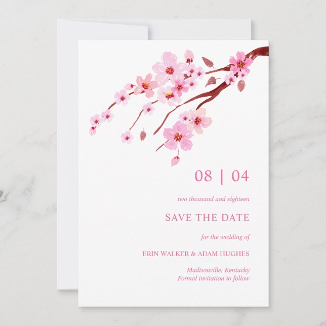 Pink Watercolor Cherry Blossom  Save The Date (Front)