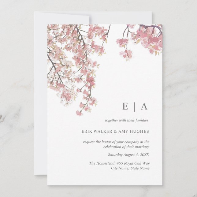 Pink watercolor cherry blossom wedding invitation (Front)