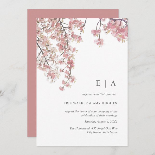 Pink watercolor cherry blossom wedding invitation (Front/Back)