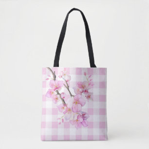 Pink watercolor cherry blossoms plaid gingham tote bag