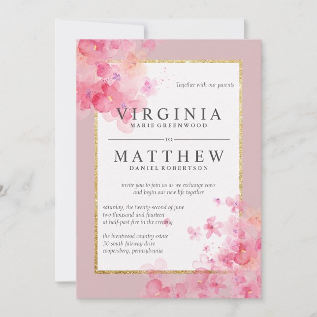 Pink Watercolor Cherry Blossoms Wedding Invitation (Front)