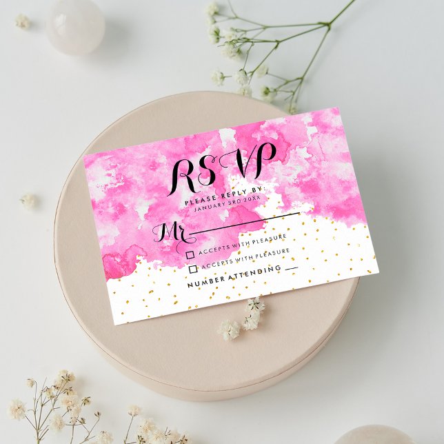 Pink watercolor chic elegant gold confetti RSVP (Pink watercolor chic elegant gold confetti RSVP )