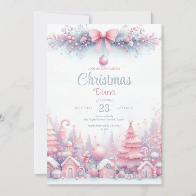 Pink Watercolor Christmas Dinner Invitation (Front)