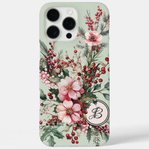 Pink Watercolor Christmas Floral Monogrammed Case- iPhone 16 Pro Max Case
