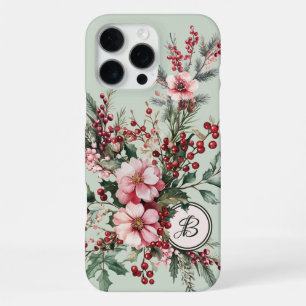 Pink Watercolor Christmas Floral Monogrammed Case- iPhone 16 Pro Max Case
