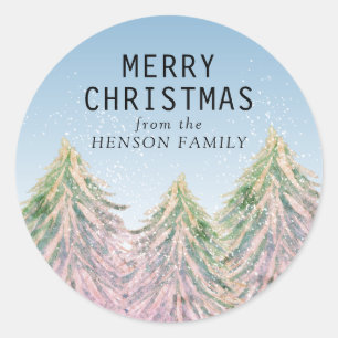 Pink Watercolor Christmas Tree Artistic Classic Round Sticker