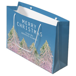 Pink Watercolor Christmas Tree Artistic Large Gift Bag