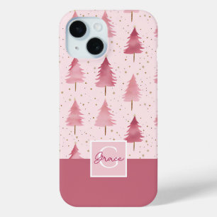 Pink Watercolor Christmas Tree Pattern iPhone 15 Case