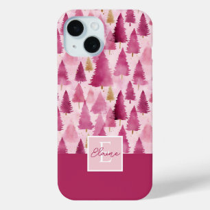 Pink Watercolor Christmas Tree Pattern iPhone 15 Case