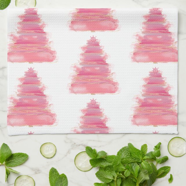 Pink Watercolor Christmas Tree Tea    Towel (Folded)