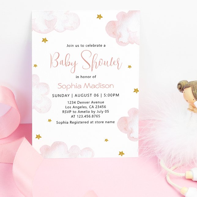 Pink Watercolor Clouds Baby Girl Shower Invitation (Creator Uploaded)