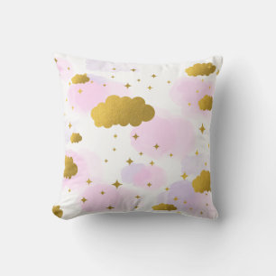 Pink Watercolor Clouds Gold Stars Sky    Cushion