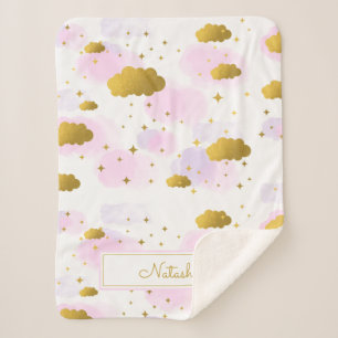 Pink Watercolor Clouds Gold Stars Sky  Sherpa Blanket