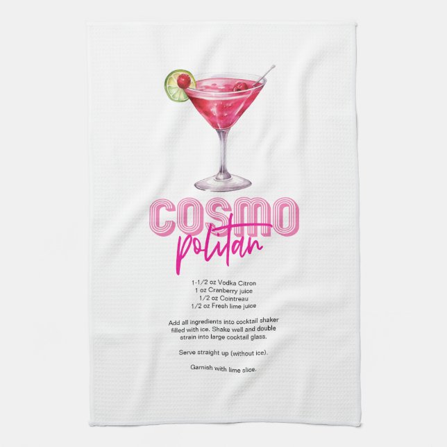 Pink Watercolor Cocktail Recipe Cosmopolitan  Tea Towel (Vertical)