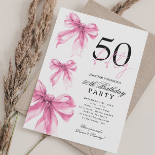 Pink Watercolor Coquette Bow 50th Birthday Party Invitation