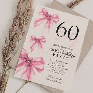 Pink Watercolor Coquette Bow 60th Birthday Beige Invitation