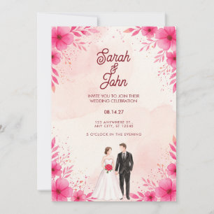 Pink Watercolor Couple Floral Wedding Invitation