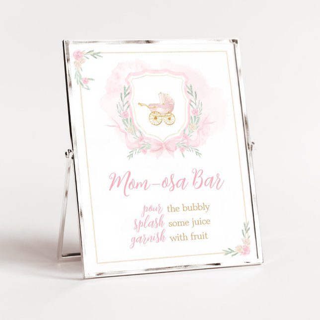 Pink Watercolor Crest Baby Shower Mum Osa Bar Poster (Blue Floral Pampas Grass Elephant Baby Shower Mom Osa Bar Sign)