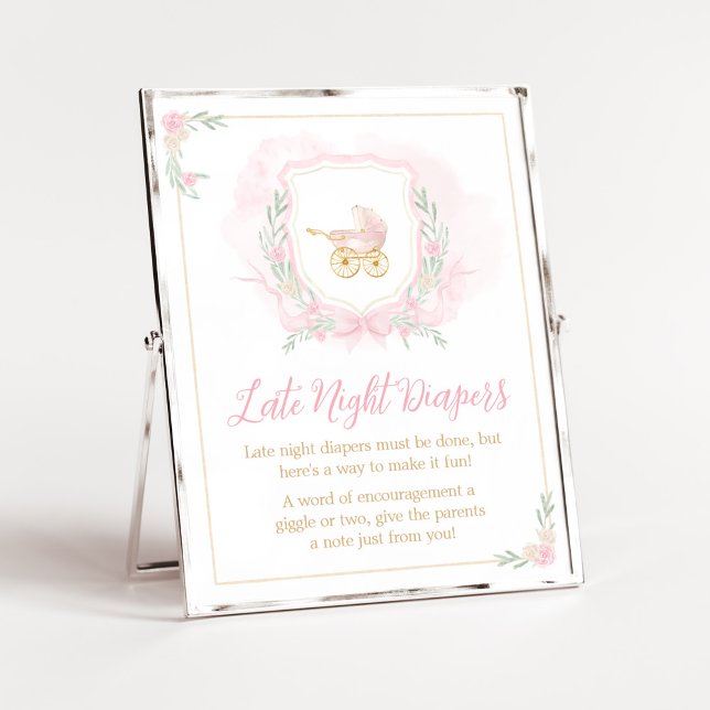 Pink Watercolor Crest Late Night Diapers Poster (Blue Floral Pampas Grass Elephant Baby Shower Late Night Diapers Sign)