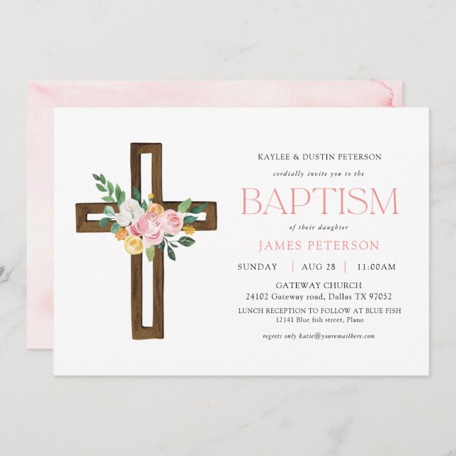 Pink Watercolor Cross Floral Baptism Invitation (Front/Back)