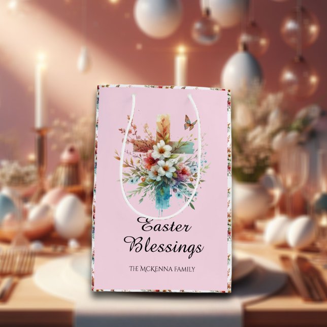 Pink Watercolor Cross Flowers Christian Easter  Medium Gift Bag (Creator Uploaded)
