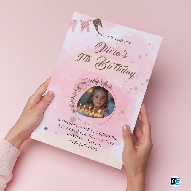 Pink Watercolor Cute Elegant Birthday Invitation (Creator Uploaded)