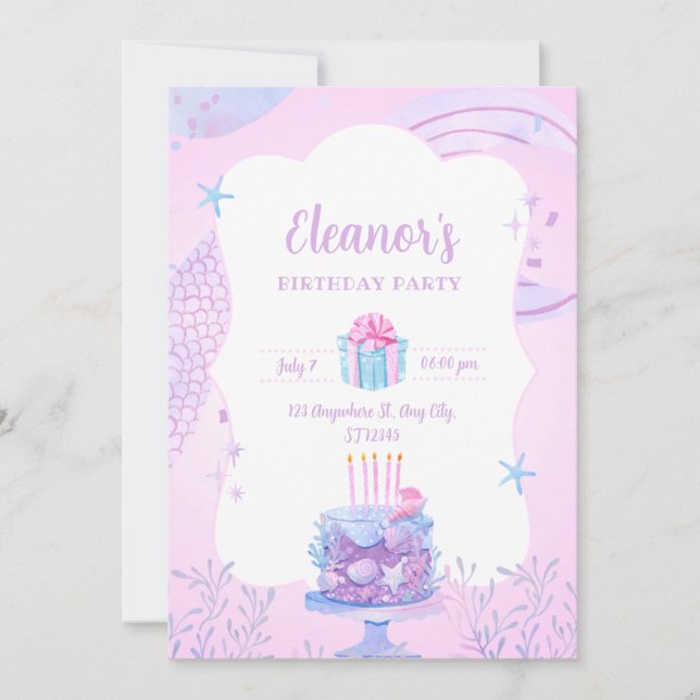 Pink Watercolor Cute Mermaid Birthday Party Invitation (Front)
