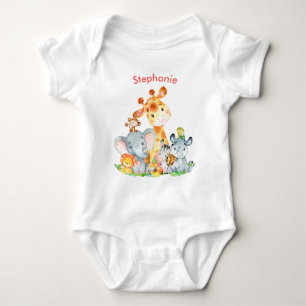 Pink Watercolor Cute Safari Jungle Animals Baby Bodysuit