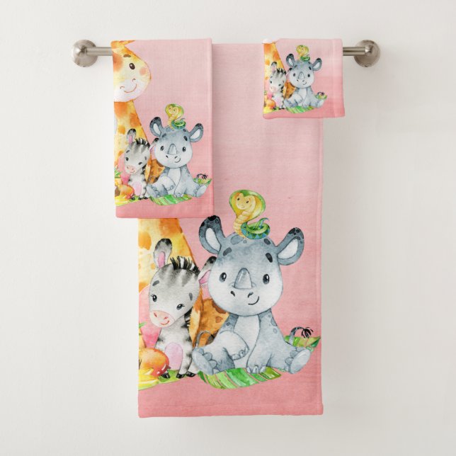 Pink Watercolor Cute Safari Jungle Animals Bath Towel Set (Insitu)