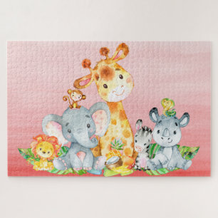 Pink Watercolor Cute Safari Jungle Animals Jigsaw Puzzle