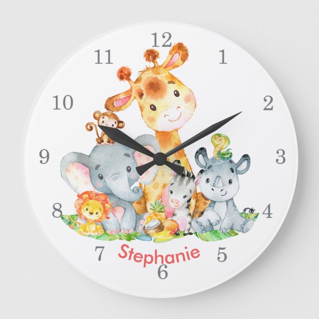 Pink Watercolor Cute Safari Jungle Animals Large Clock (Front)