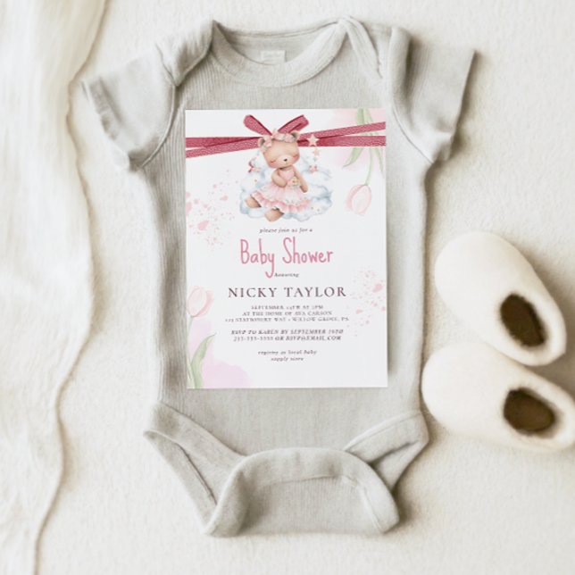 Pink Watercolor Cute Teddy Bear Baby Shower Invitation (Creator Uploaded)