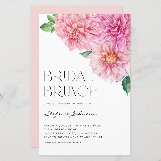 Pink Watercolor Dahlia Bridal Brunch Invitation (Front/Back)