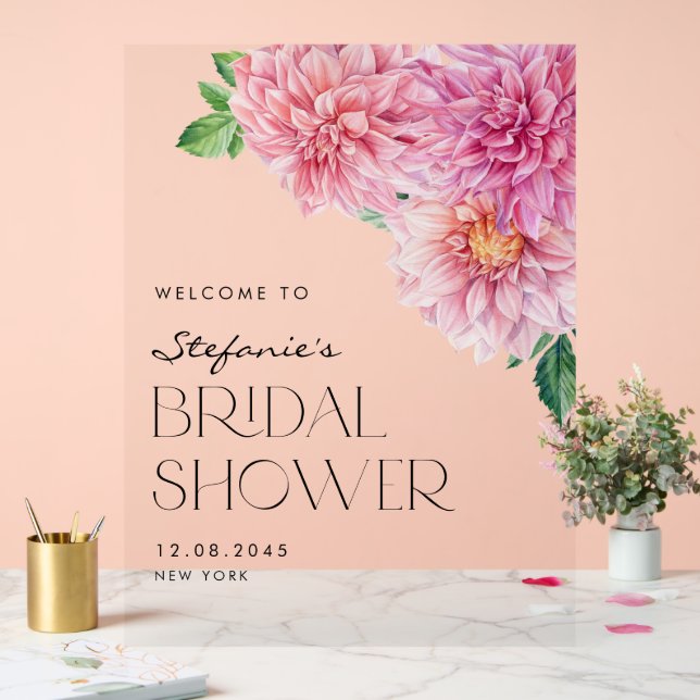 Pink Watercolor Dahlia Bridal Shower Welcome Acrylic Sign (Wedding)