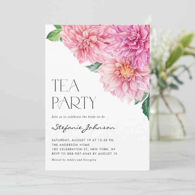 Pink Watercolor Dahlia Floral Bridal Tea Party Invitation (Standing Front)