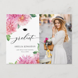 Pink Watercolor Dahlia Floral Photo Graduation Announcement Postcard