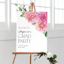 Pink Watercolor Dahlia Graduation Party Welcome
