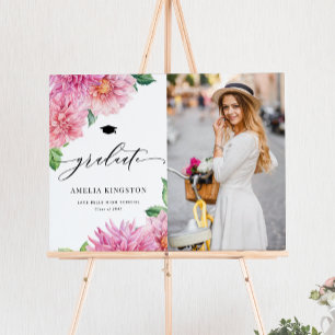 Pink Watercolor Dahlia Photo Graduation Party Poster