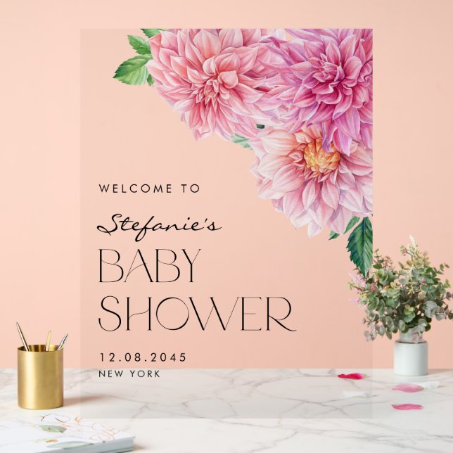 Pink Watercolor Dahlia Spring Baby Shower Welcome Acrylic Sign (Wedding)