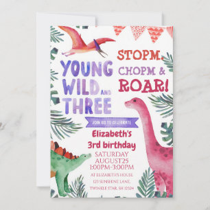 Pink Watercolor Dinosaur Young Wild Three Invitation