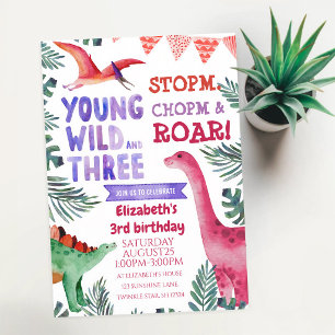 Pink Watercolor Dinosaur Young Wild Three Invitation