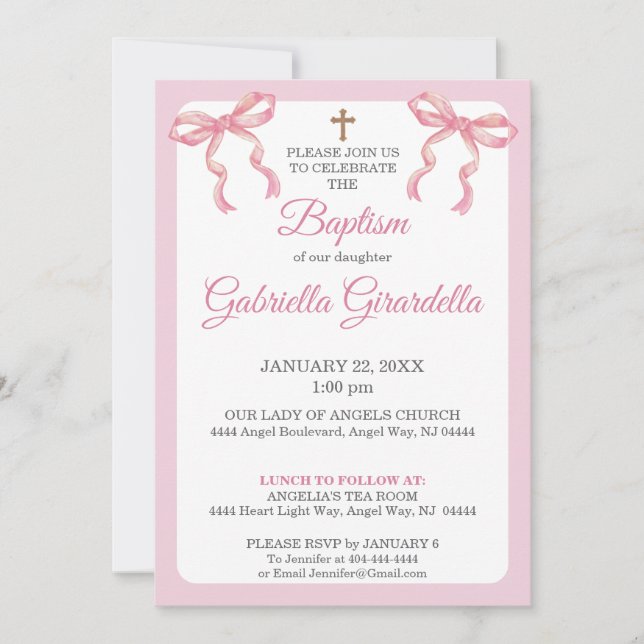 Pink Watercolor Double Bow & Cross Baptism Invitation (Front)