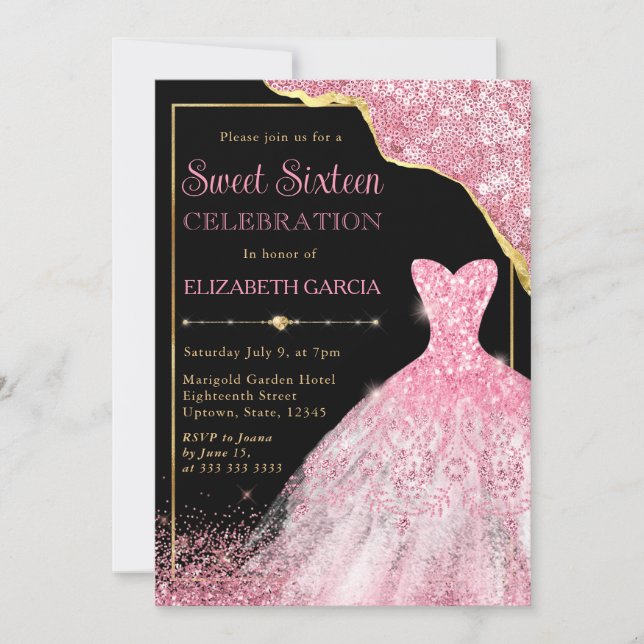 Pink Watercolor Dress and Glam Edge Sweet Sixteen Invitation (Front)